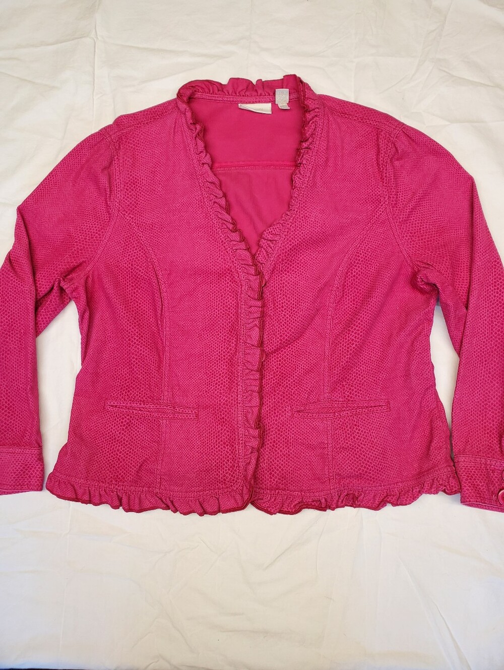 Chico's Ruffle Trim Jacket 2 Size L 12 Hot Pink Snakeskin Texture Stretch Cotton